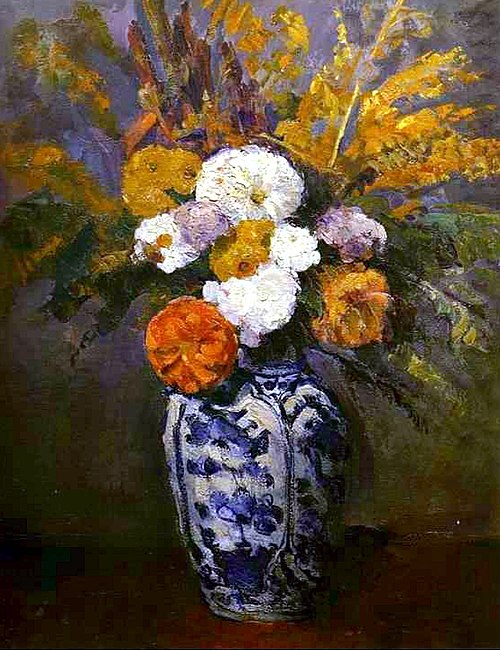 Dahlias dans un grand vase de Delft, 1873, Paul Cézanne