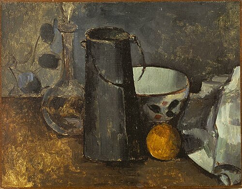 Carafe, boîte à lait, bol et orange, 1879, Paul Cézanne