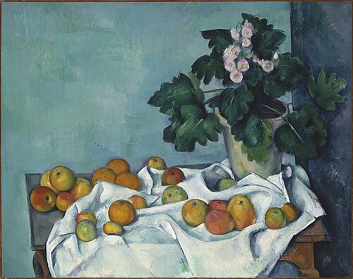Pot de primevères et fruits sur une table, 1890, Paul Cézanne
