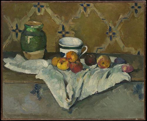 Poterie, tasse et fruits sur une nappe blanche, 1877, Paul Cézanne