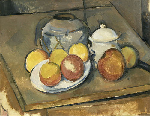 Le vase paillé, sucrier et pommes, 1890, Paul Cézanne