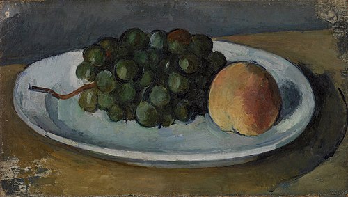 Grappe de raisin et pêche sur une assiette, 1878, Paul Cézanne