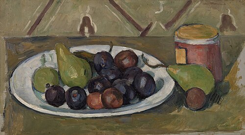 Plate with Fruit and Pot of Preserves (Assiette avec fruits et pot de conserves), 1880, Paul Cézanne