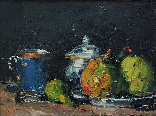 Sucrier, poires et tasse bleue, 1865, Paul Cézanne