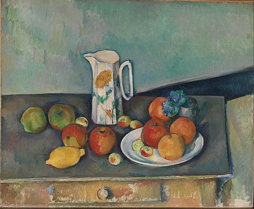 Nature morte, pot à lait et fruits sur une table, 1890, Paul Cézanne