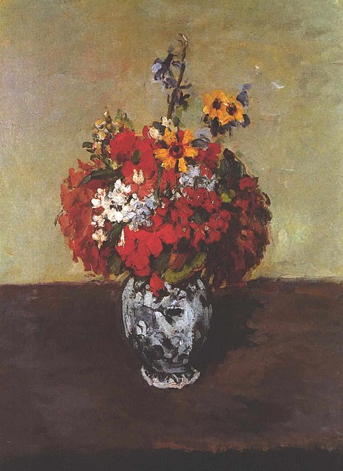 Géraniums et pieds-d'alouette dans un petit vase de Delft, 1873, Paul Cézanne