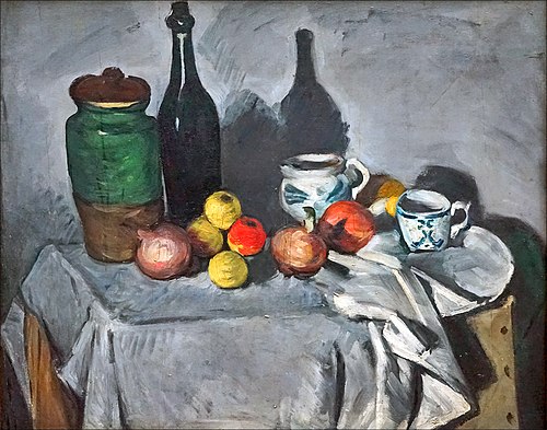 Pots, bouteille, tasse et fruits, 1867, Paul Cézanne