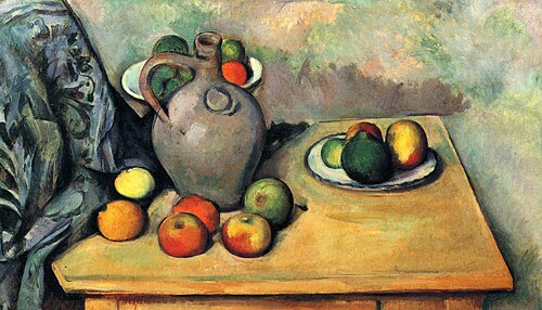 Pichet et fruits sur une table, , Paul Cézanne