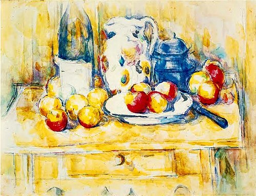 Pommes avec bouteille, pichet et pot bleu, 1900, Paul Cézanne
