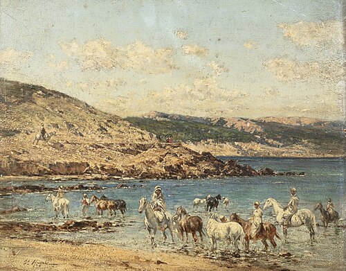 Horses Drinking; Settlement at Dawn, , Victor Huguet