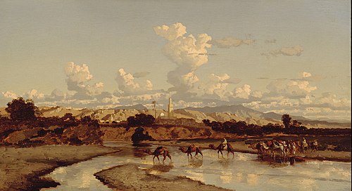 In een oosters landschap trekt een karavaan door een rivier, 1836, Prosper Marilhat