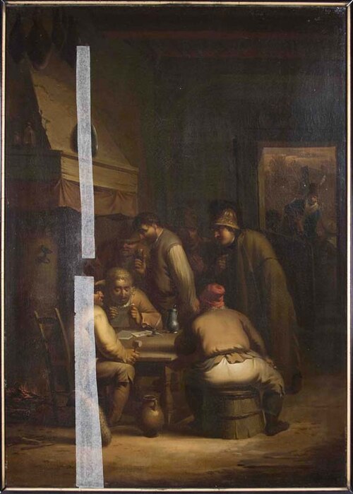 Herberginterieur met groep personen die de 'Rechten van de mens' bespreken, 1796, Harmen Beekkerk