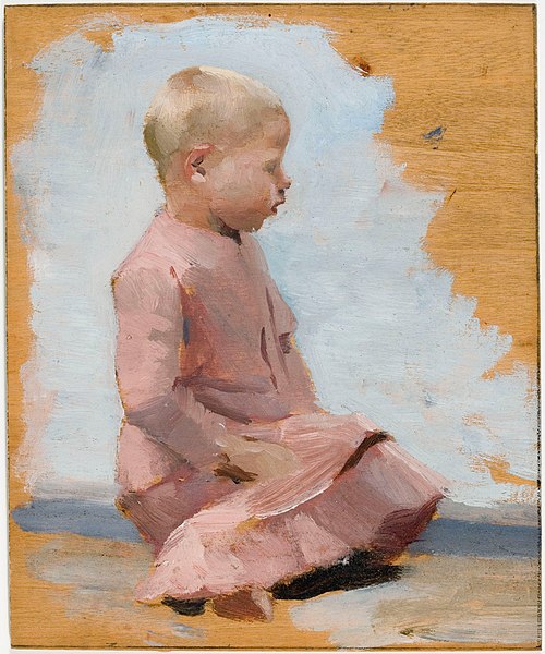 Sittande barn i ljusröd kolt, studie till Lördagskväll vid Hammars, 1885, Albert Edelfelt