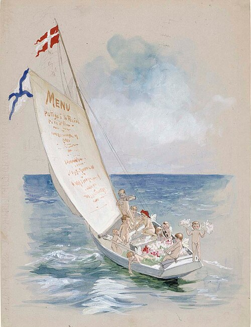 Purjevene myötätuulessa, ruokalistan luonnos, , Albert Edelfelt