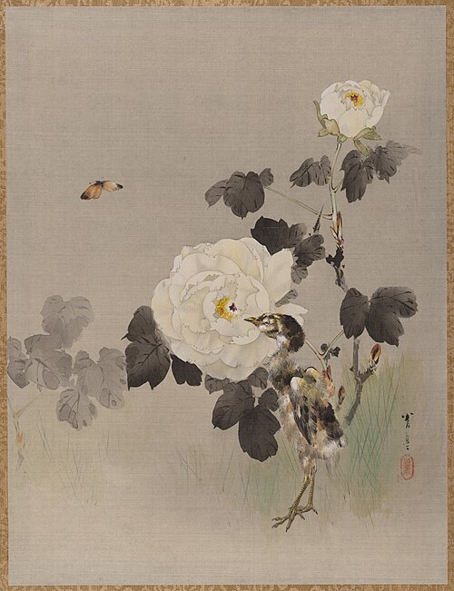 Roses, Young Bird and a Butterfly, 1887, Watanabe Shōtei