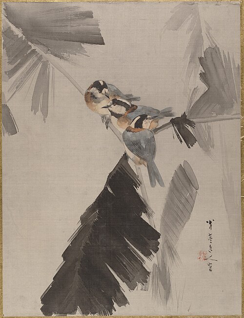 Three Birds on Branch, 1887, Watanabe Shōtei