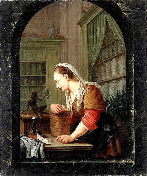 A Woman in a Pharmacy with a Urine Flask and a Monkey Holding an Empty Flask, at a Casement (after J, , Willem Joseph Laquy