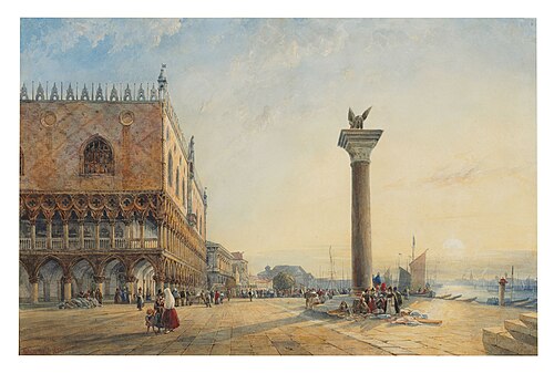 Sunrise over St Mark's Square, Venice, with the Lion of St Mark to the right, , William Wyld