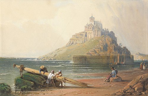 View of Mont St. Michel with Figures on the Beach, , William Wyld