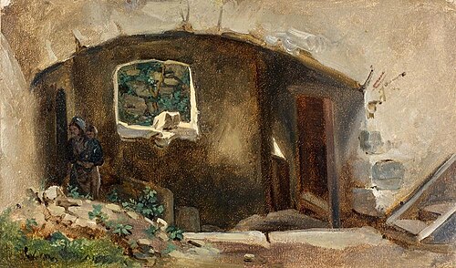 Jeune mère et son enfant à l'entrée d'une maison, , Xavier Leprince