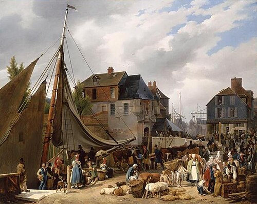 Embarquement de bestiaux sur le passager dans le port de Honfleur, 1823, Xavier Leprince
