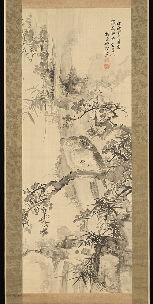 Wild Hawk on a Tree  野鷹棲樹図 (Notaka seiju zu), 1838, Yamamoto Baiitsu