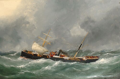 Steam sailing ship Finsbury in a stormy sea, 1881, Édouard Adam