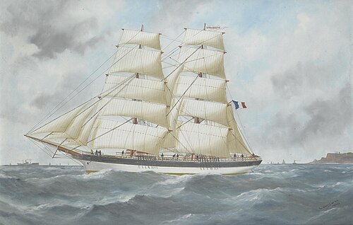 The French brig Dieudonne in full sail off a headland, 1912, Édouard Adam