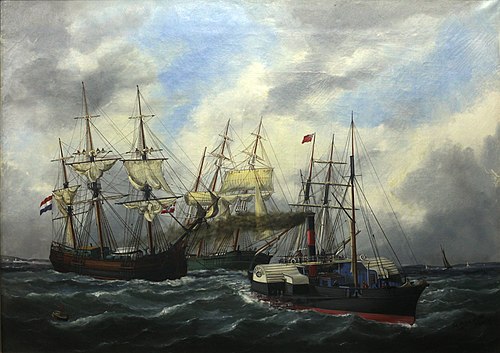 Navires entrant au Havre derrière un remorqueur, 1882, Édouard Adam