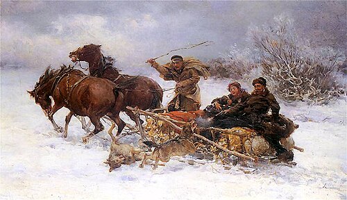 Wolves attacking a sleigh, 1890, Alfred von Kowalski-Wierusz
