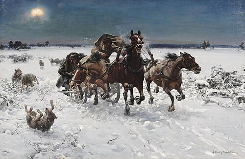 Wolves in pursuit, , Alfred Wierusz-Kowalski