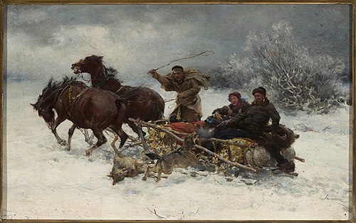Les loups attaquent le traîneau, 1880, Alfred von Kowalski-Wierusz