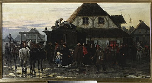 Arrival of a post chaise in a country town, 1873, Alfred von Kowalski-Wierusz