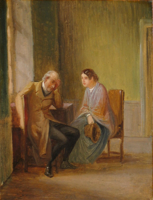 Interior with a sad old man and a young woman listening., 1850, Wilhelm Marstrand