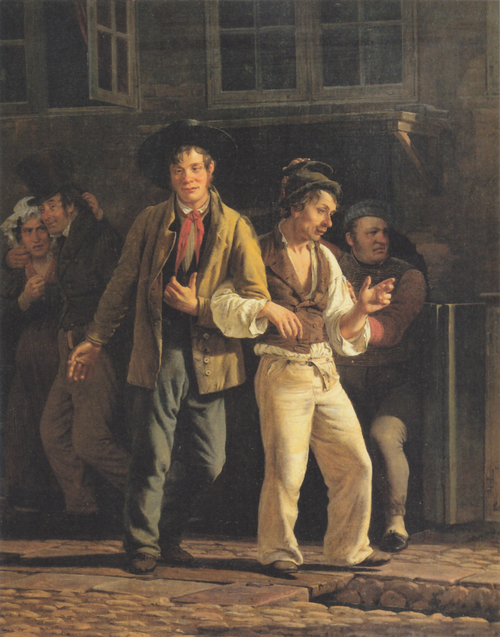 Drunkards leaving a cellar bar., 1834, Wilhelm Marstrand