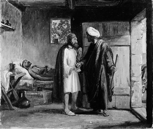 Den barmhjertige samaritan betaler værten, 1849, Wilhelm Marstrand