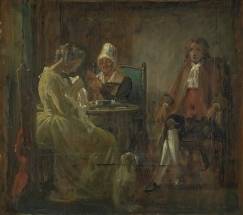 Frierens besøg. Dragter fra Holbergs tid, 1849, Wilhelm Marstrand