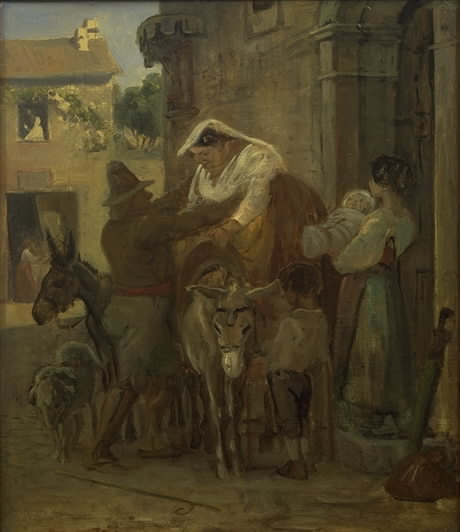 A Stout Roman Woman Being Helped onto a Donkey, 1854, Wilhelm Marstrand