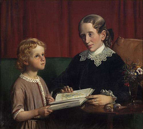 Miss Annette Hage (1814-1857) shows her nephew Hother Hage (1849-1904) a book on plants, 1856, Wilhelm Marstrand