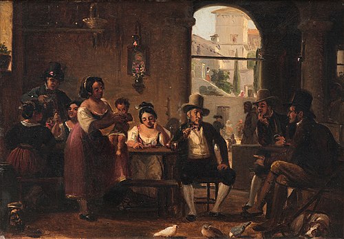 From a Roman Osteria. Pipe-Smoking Hunters and Italian Women, 1850, Wilhelm Marstrand