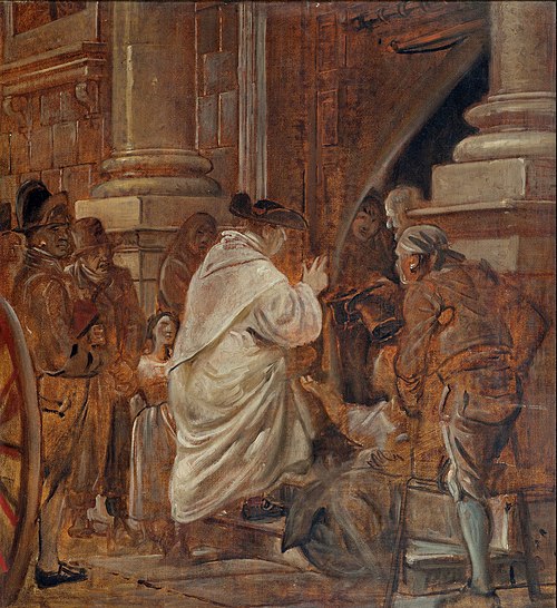 Cardinal blessing beggars at the church doors, 1850, Wilhelm Marstrand