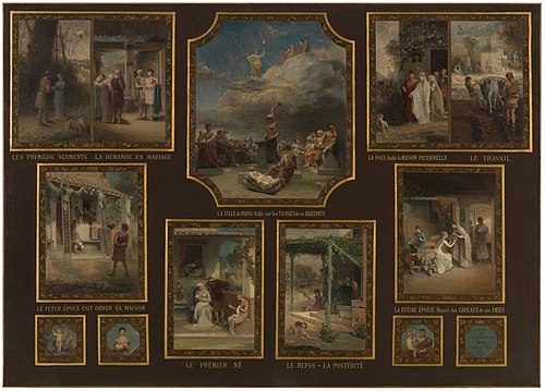 Esquisse pour la mairie du 19ème arrondissement de la Ville de Paris : Evocations du mariage, 1880, Émile Lévy