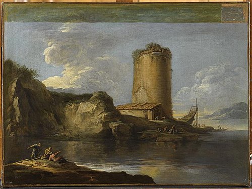 Paysage avec une tour et une barque en construction, 1660, Salvator Rosa
