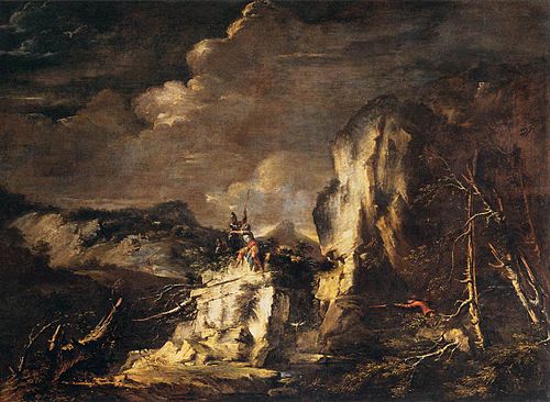 Rocky Landscape with a Hunter, 1662, Salvator Rosa