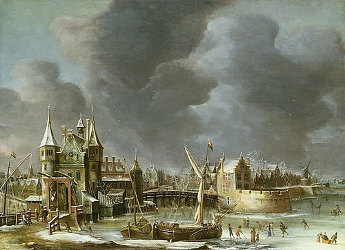 The old Regulierspoort in Amsterdam during Winter, 1650, Abraham Beerstraaten