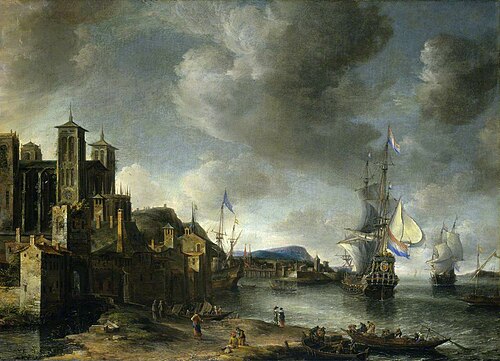 Mediterranean Harbour Scene with the Saint Jean Cathedral at Lyons, 1660, Abraham Beerstraaten