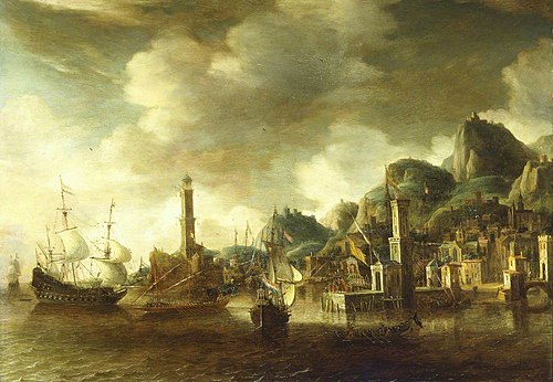 A Dutch Flagship and a Fluyt Running into a Mediterranean Harbour, 1660, Abraham Beerstraaten