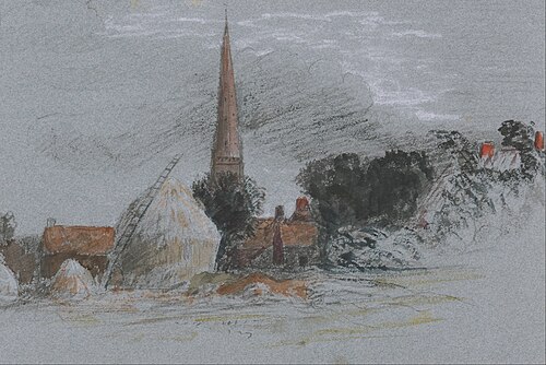 Landscape Study- a haystack near a church, , Peter De Wint