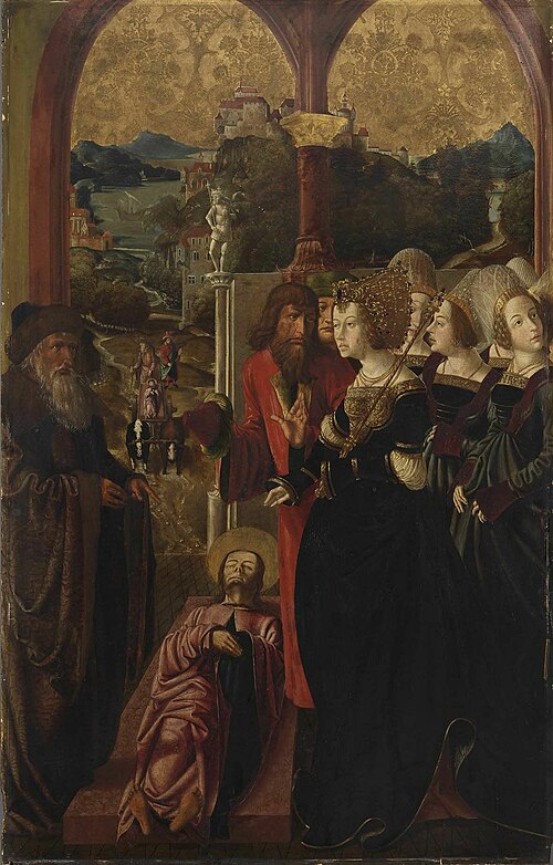 Jakobus-Stephanus-Altar: Der Leichnam des Jakobus wird vor Königin Lupa gebracht, 1506, Marx Reichlich