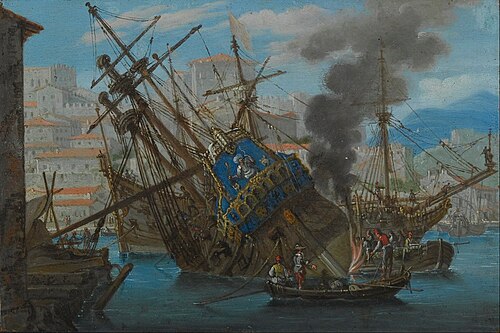 Mediterranean Harbour with a Man-of-War being Caulked, 1650, Abraham Casembroot